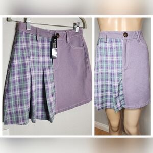 NWT Papermoom Mixed fabric Denim Pleated  mini skirt. Purple green. Size Medium.